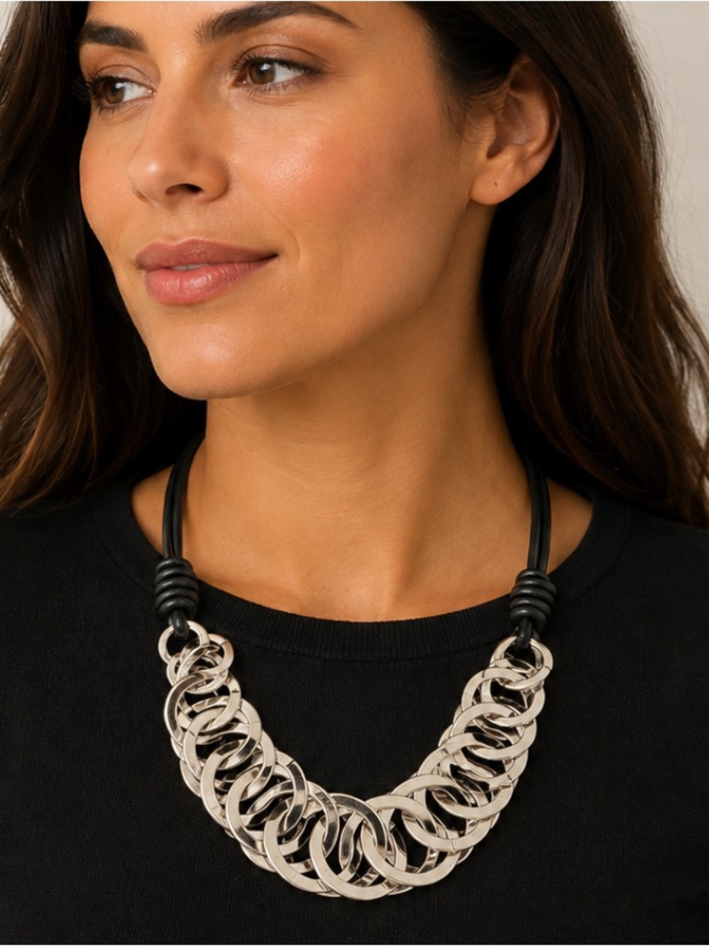 Silver Tone Linked Ring Statement Necklace with Black Cord
